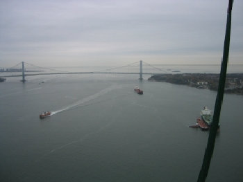 looking back at the Varizanno Bridge over the New York Harbor Bay
